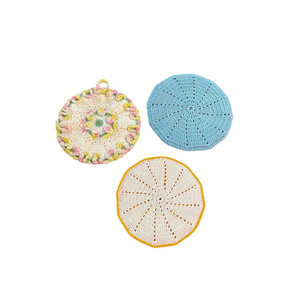 Vintage Handmade Crochet Potholders Trivets Lot of 3 Floral Blue Orange 6"